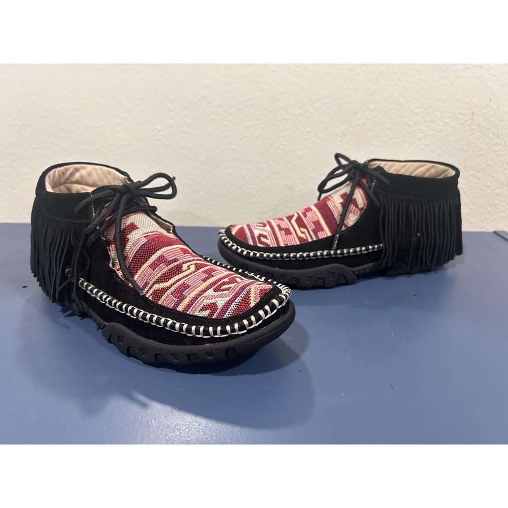 Ferrini Maya Moccasins Black Aztec Fringe Bootie Sz 7.5